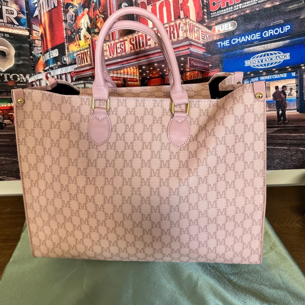 YNS Generic Pink Tote Bag with Monogram Pattern and Spacious Design